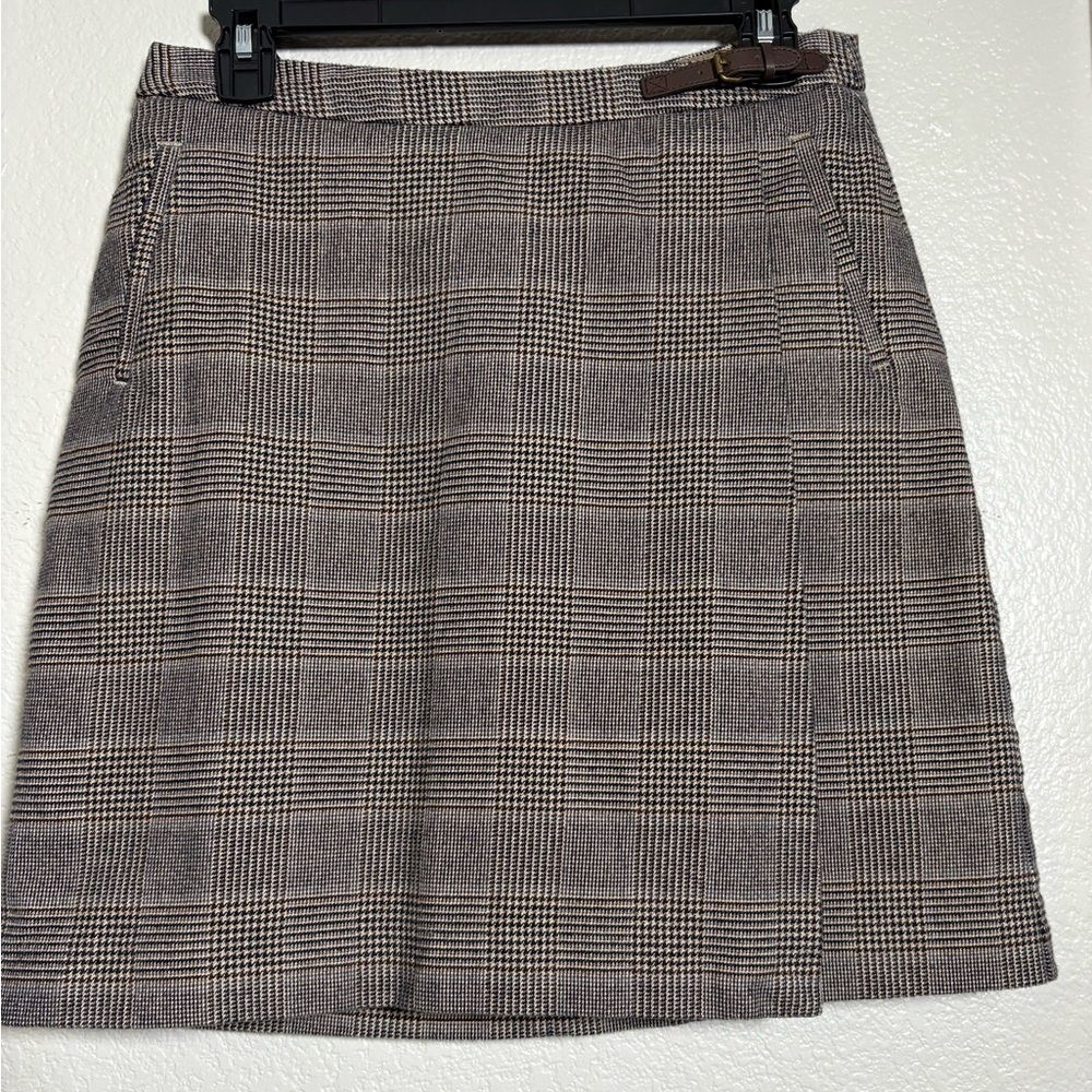 L.L. Bean Cotton Brown Plaid A-Line Mini Skirt with Pockets, Side Buckle Detail